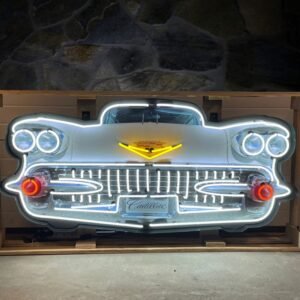 Jaren 50 Cadillac Autoneus Grill Neon Verlichting XL In Metalen Bak 152 x 69 cm - Wit, Rood, geel