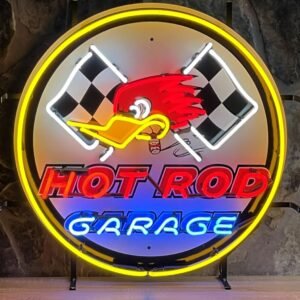 Hot Rod Garage Neon Verlichting Mr. Horsepower 65 x 65 cm - Rood, Blauw, Wit, Geel
