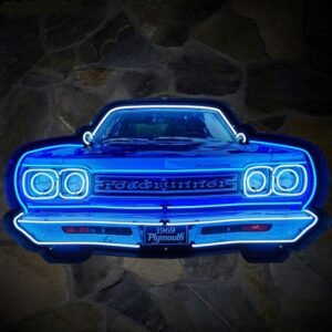 1969 Plymouth Roadrunner Voorkant Neus Neon Verlichting XL In Metalen Bak 152 x 77 cm - Wit, Blauw