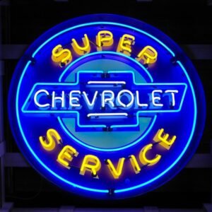 Chevrolet Super Service Neon Verlichting XL In Metalen Bak 92 cm - Blauw, Geel, Wit